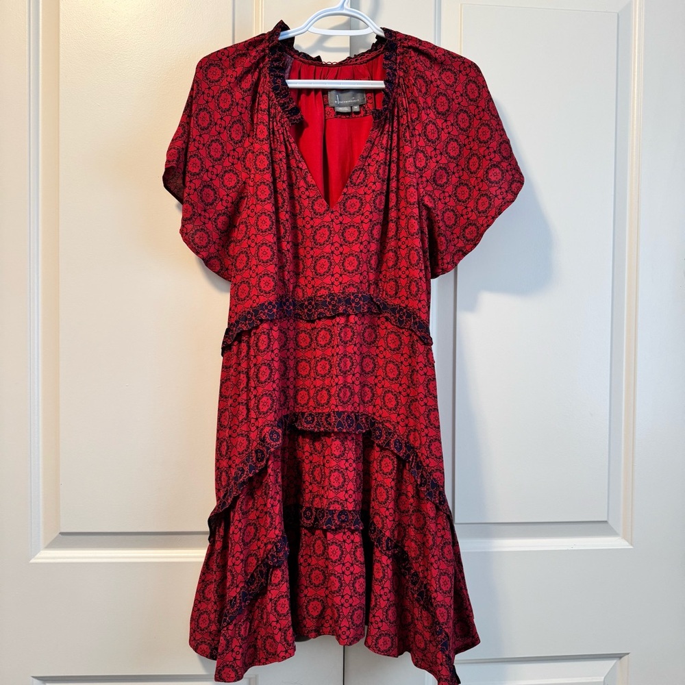 Anthropologie Red Black Bohemian High Low Flutter Sleeve Vneck Dress Sz Med P